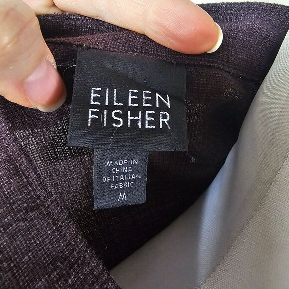 Eileen Fisher Linen Blend Button Up Blouse Sz M Dark Brown Pockets Minimalist - Picture 6 of 10